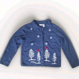 Classic Elements Women’s Blue Cardigan Sweater L Embroidered Snowflakes Cardinal